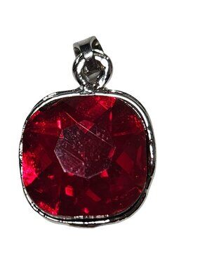 Vintage Red Cushion Cut Crystal Pendant Silver Tone Frame Retro Fashion Jewelry